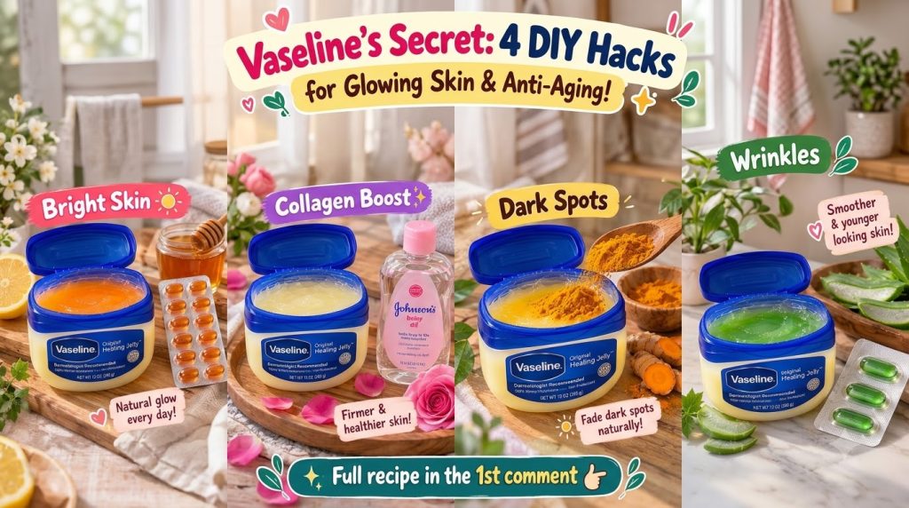 A vibrant collage showing four DIY beauty hacks using Vaseline with lemon and honey baby oil turmeric and aloe vera for