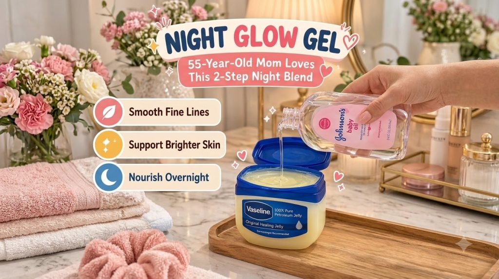 A hand pouring baby oil into a small tub of Vaseline petroleum jelly with a soft warm bathroom vanity light The ingredie