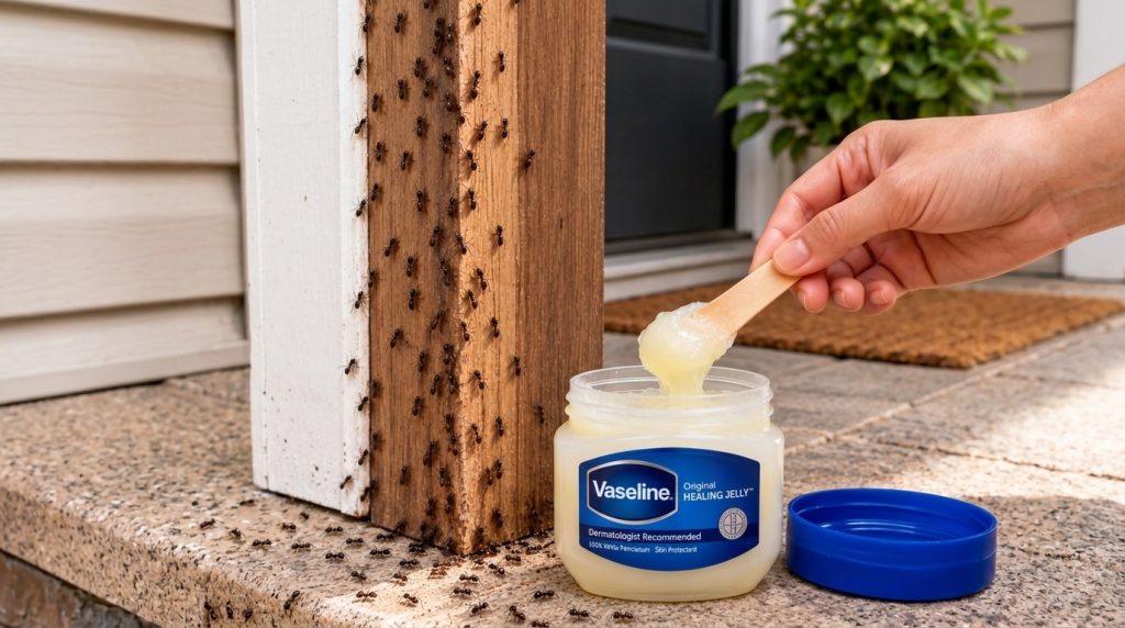 A hand scooping Vaseline from a jar with ants crawling on a wooden post and stone ground in the background showing the c