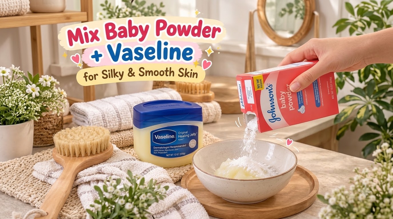 A hand pouring baby powder into a bowl containing Vaseline Original Healing Jelly ready to be mixed