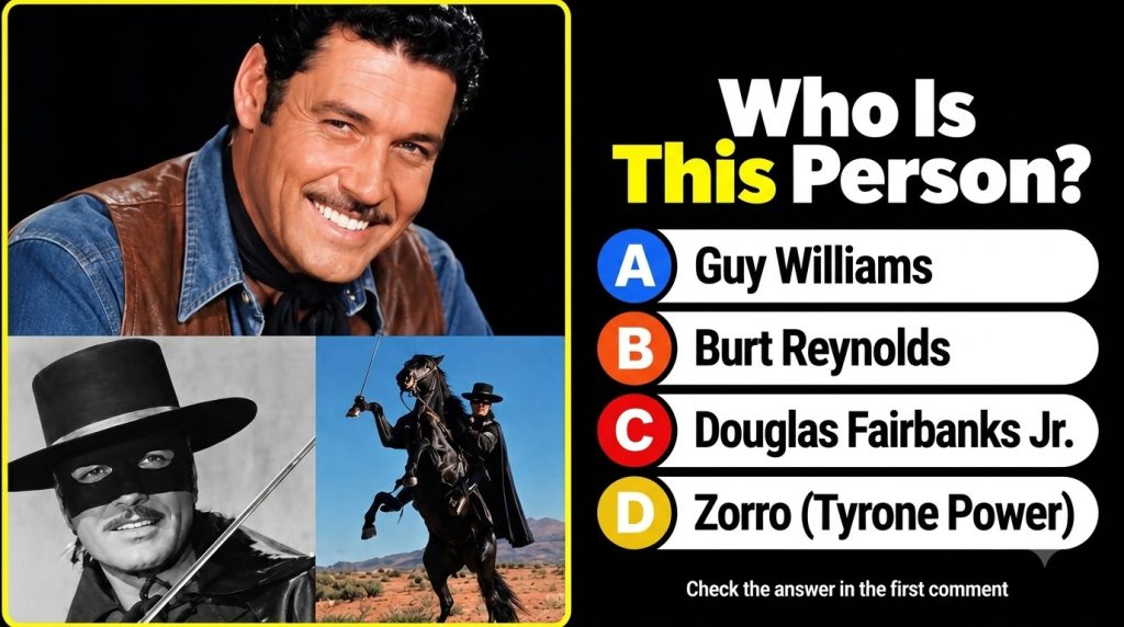A quiz collage featuring Guy Williams in three panels smiling as Zorro masked and Zorro on a rearing horse