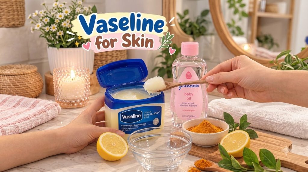 A flat lay of ingredients for a DIY face mask including hands scooping Vaseline turmeric powder lemon halves baby oil an