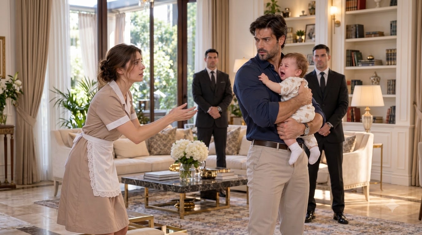 A man with a distressed expression holds a crying baby while a woman in a housekeeper s uniform gestures towards him wit