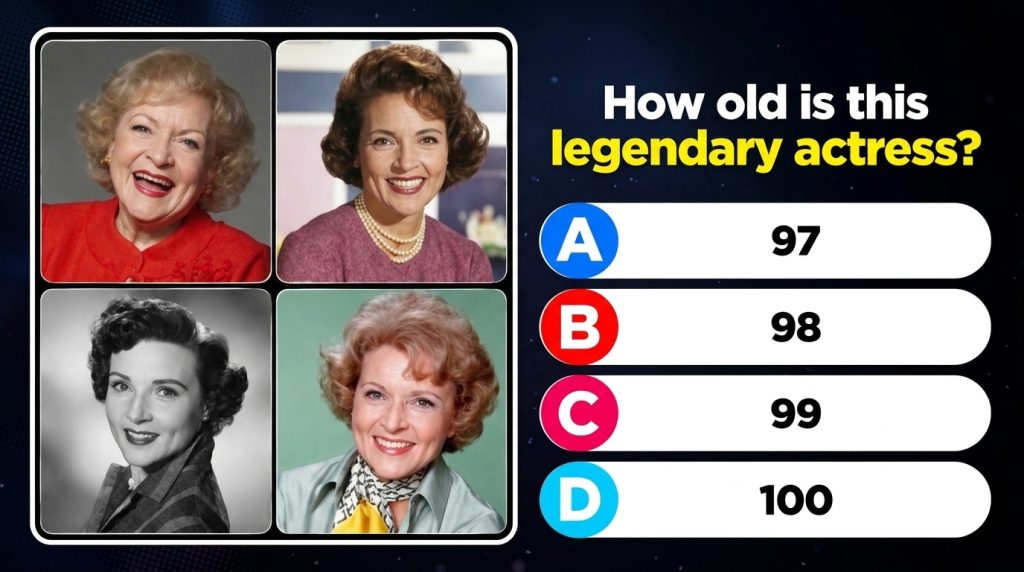 A vertical collage featuring four distinct portraits of Betty White in a 2x2 grid at the top Below the quiz question How