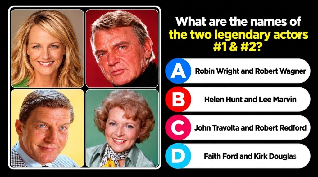 A 2x2 grid of four celebrity headshots Helen Hunt top-left Lee Marvin top-right Robert Wagner bottom-left and Betty Whit