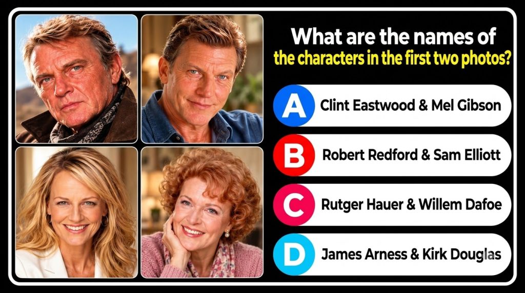 A multi-panel quiz graphic with four headshots two mature men at the top and two mature women at the bottom Below the po