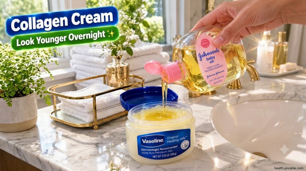A hand pouring golden baby oil into a jar of Vaseline Original Healing Jelly with the oil collecting on the jelly s surf