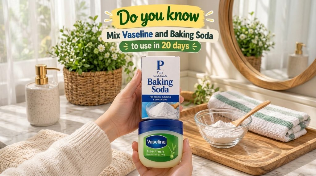 Hands holding a box of baking soda and a jar of Vaseline in a clean brightly lit bathroom or kitchen setting