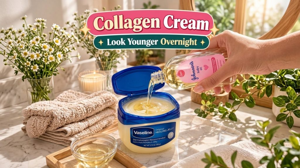 A hand pouring golden Johnson s baby oil into an open jar of Vaseline Original Healing Jelly with a soft-focus backgroun