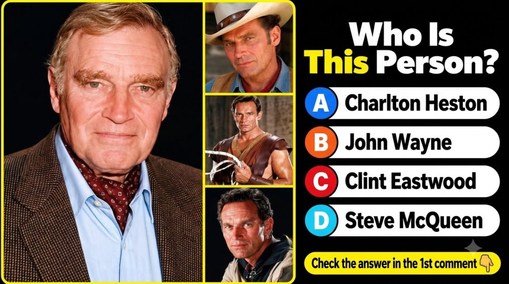 A quiz poster featuring a close-up portrait of an older Charlton Heston at the top and three smaller portraits of a youn