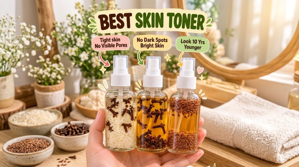 A hand holding three small clear spray bottles containing natural toners made from rice and cloves cloves only and flax 