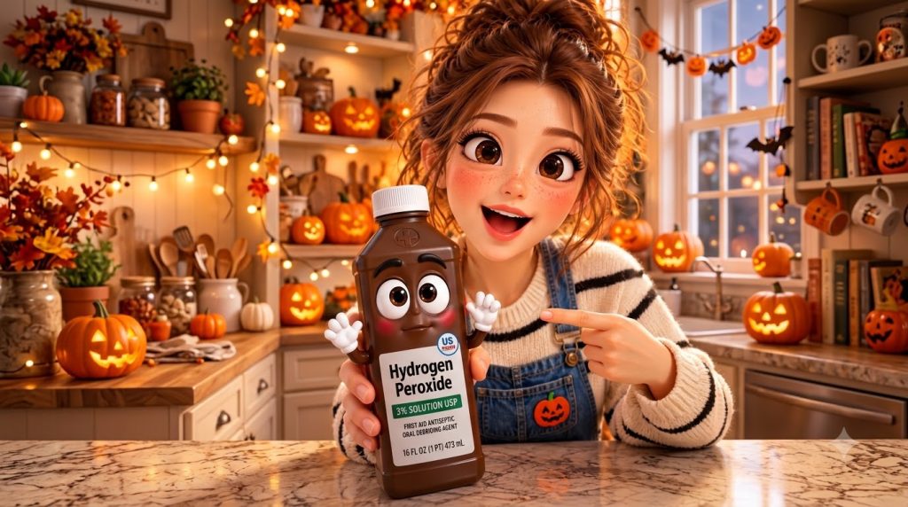 A cheerful cartoon girl holding a brown bottle of hydrogen peroxide with a blurred background of warm string lights and 