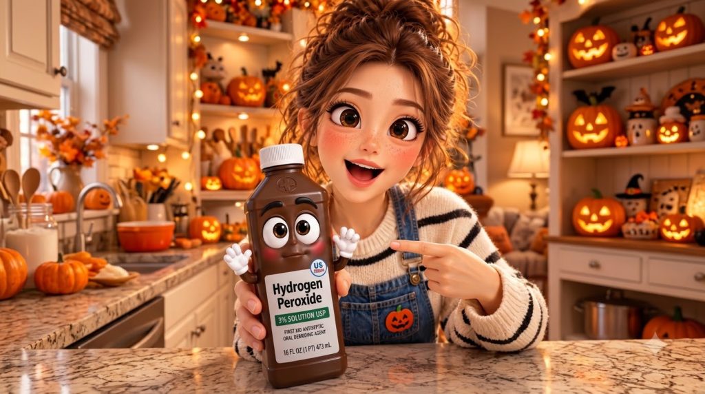 A cheerful cartoon girl holding an anthropomorphized bottle of Hydrogen Peroxide in an autumnal setting