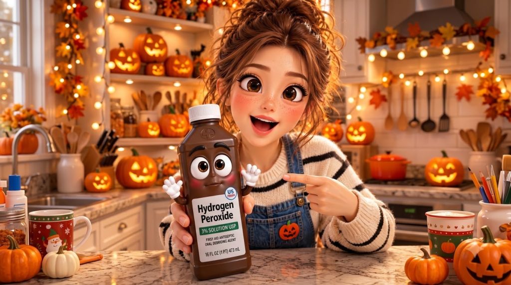 An animated cheerful girl with curly brown hair and freckles wearing denim overalls holds and points at a cartoonish bot