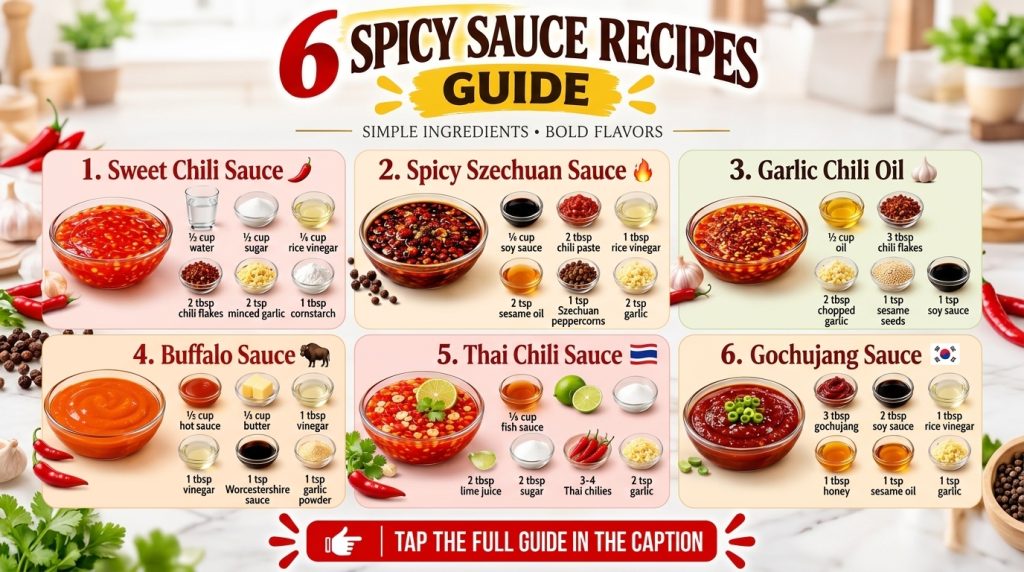 An infographic showing 6 different spicy sauces Sweet Chili Spicy Szechuan Garlic Chili Oil Buffalo Thai Chili Gochujang