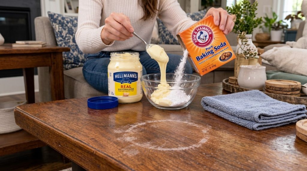 A close-up of hands mixing mayonnaise and baking soda in a clear glass bowl on a dark wooden table with visible water st