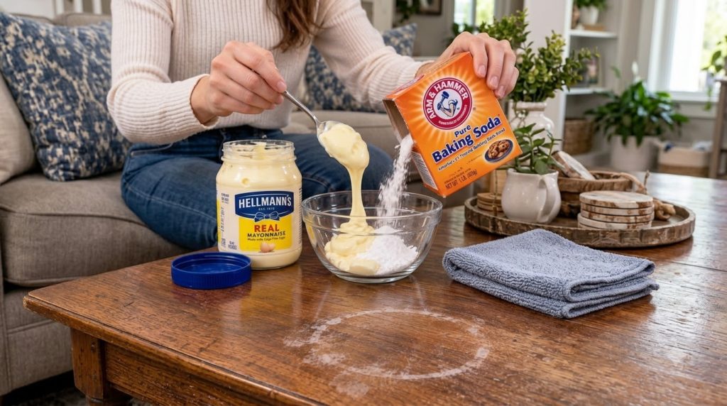 Hands mixing mayonnaise and baking soda in a clear glass bowl on a wooden table The table shows visible water rings