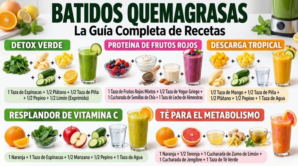 Five different vibrant smoothies in clear glasses lined up on a white surface with fresh ingredients like spinach berrie
