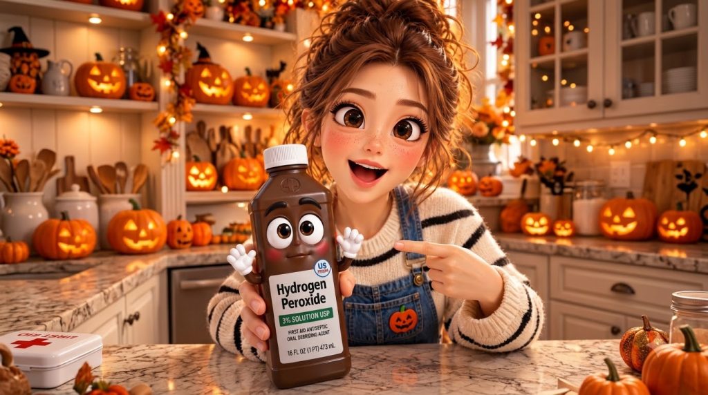 A cheerfully smiling animated girl holding up a personified bottle of hydrogen peroxide against a warm blurred autumn ba