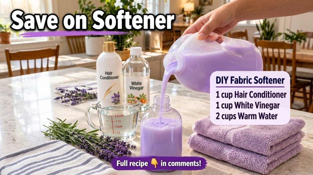 A thick lavender-purple liquid being poured from a large grey bottle into a smaller clear plastic bottle held by a hand 