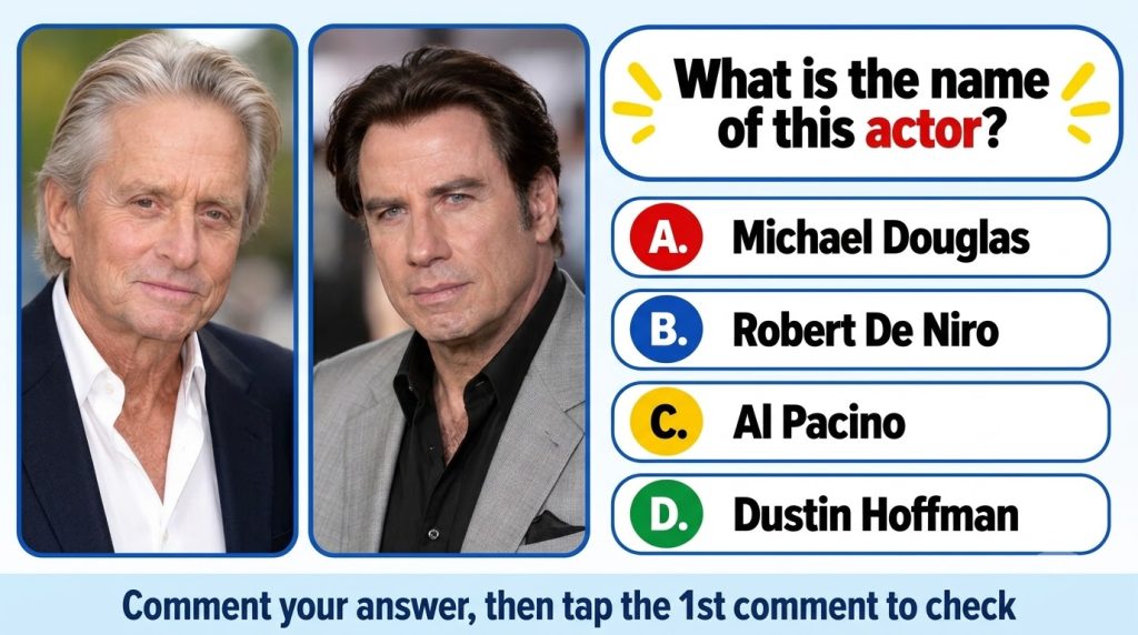 A mobile quiz card showing two male celebrity portraits side-by-side The left portrait is Michael Douglas Below the port