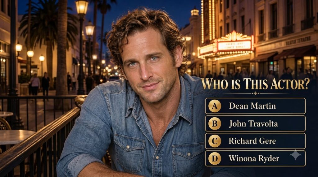 The original celebrity quiz image showing a 2x2 grid of four actors with actor 4 Timothée Chalamet visible in the bottom