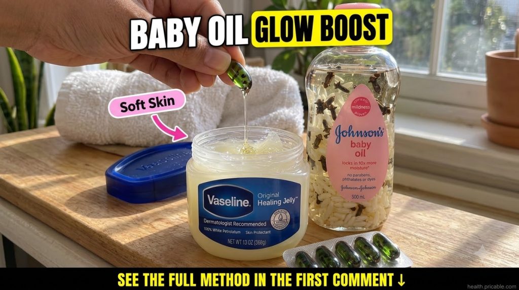 A hand squeezing the contents of a dark green beauty oil capsule into a jar of Original Healing Jelly Vaseline An infuse