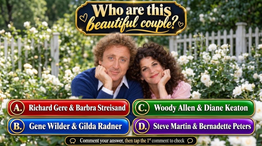 A color portrait of Gene Wilder and Gilda Radner smiling and resting their chins on their hands with a soft-focus garden