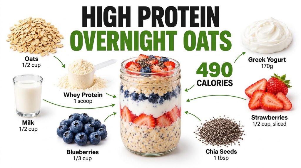 A vibrant top-down infographic showing a glass jar of high protein overnight oats with layers of oats yogurt strawberrie