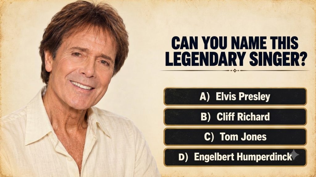 Quiz image showing a portrait of Cliff Richard with the question CAN YOU NAME THIS LEGENDARY SINGER and three options El