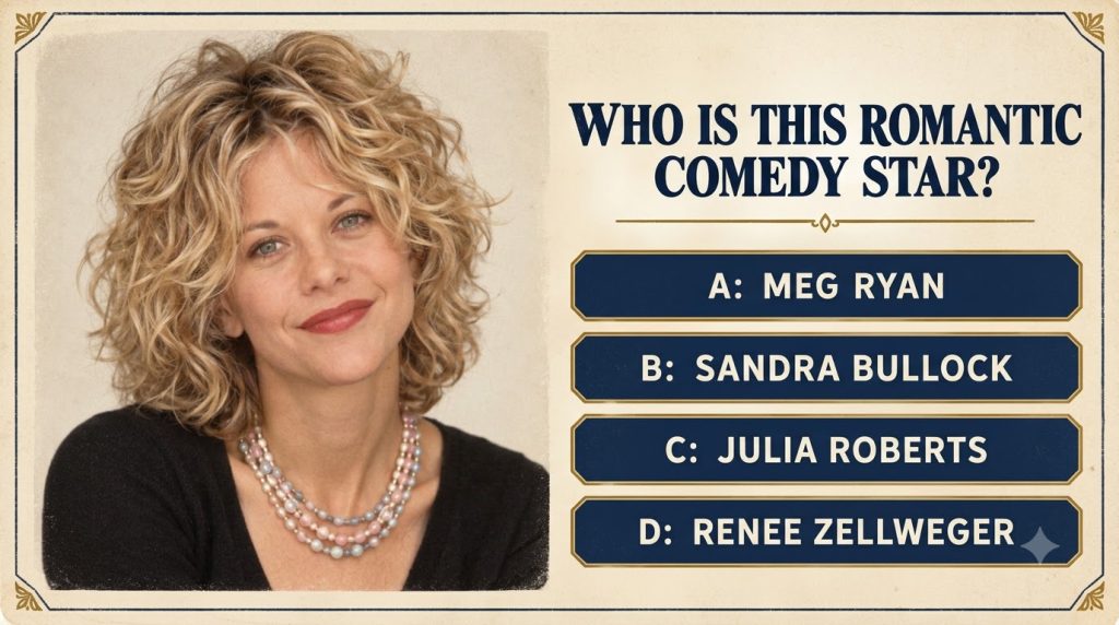 Quiz image featuring a close-up portrait of Meg Ryan with her curly blonde hair smiling overlaid with the quiz question