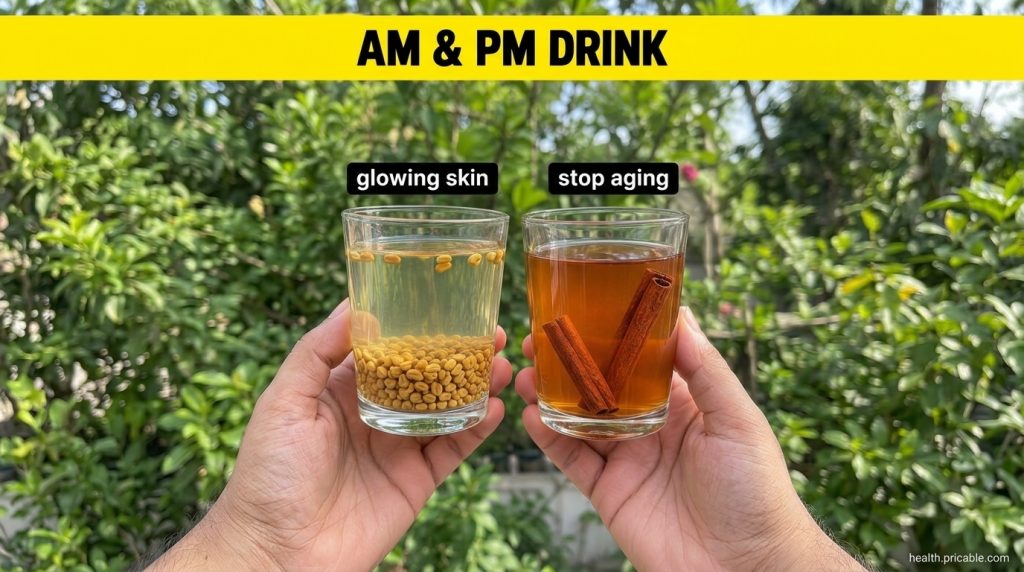 Two glasses one with fenugreek seeds and clear liquid the other with cinnamon sticks and brownish liquid on a natural ba