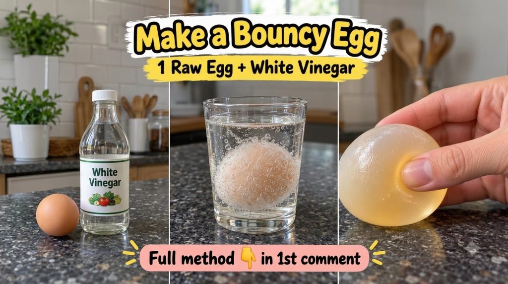 An empty clear glass cup on a dark countertop with text Let s try this egg experiment hovering above it