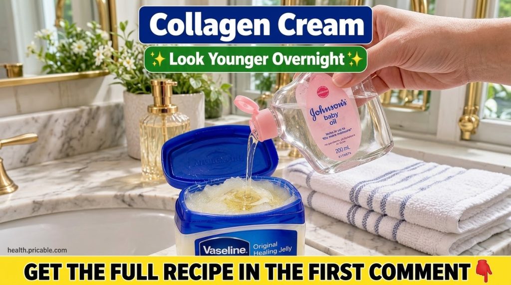 A hand pouring baby oil into a tub of petroleum jelly on a bathroom vanity with soft towels and a plant in the backgroun