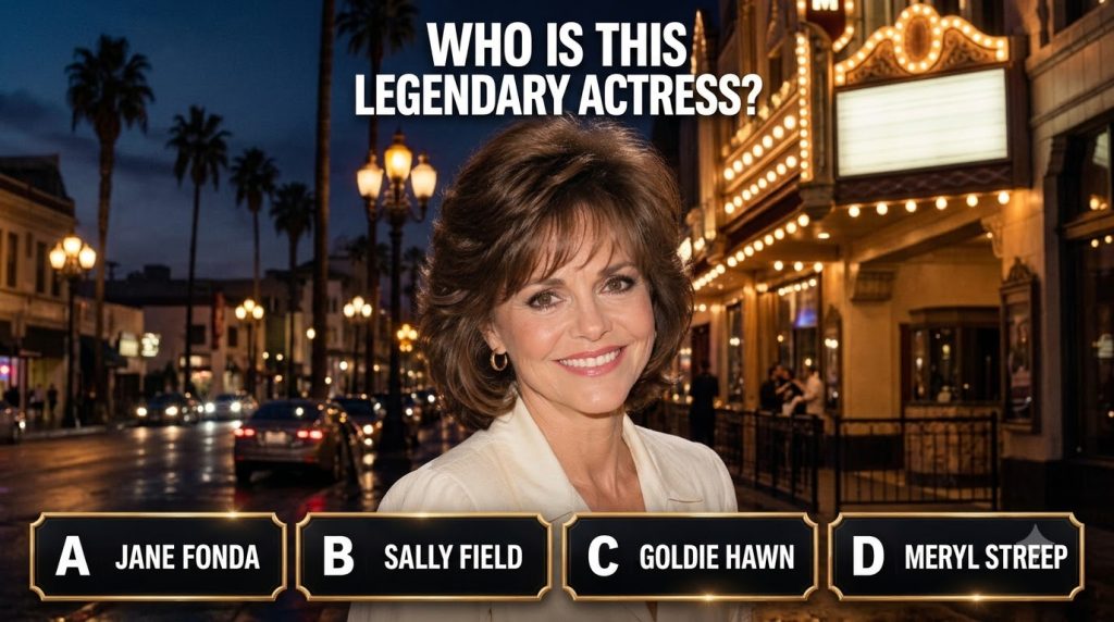 A medium close-up portrait of actress Sally Field in her middle age smiling directly at the viewer She has short styled