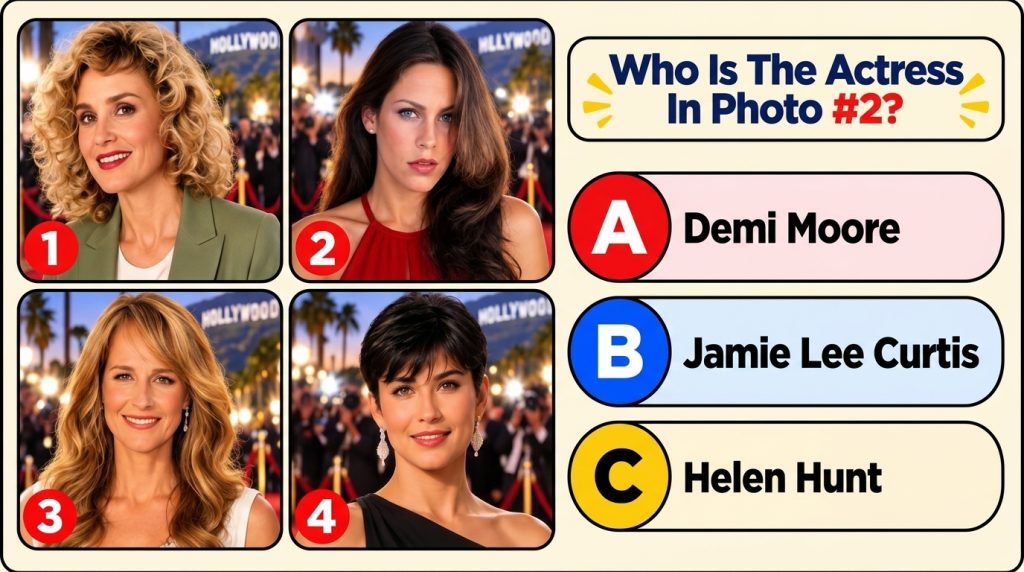 A multiple-choice quiz image featuring Audrey Hepburn s headshot as the main subject against a red carpet background wit
