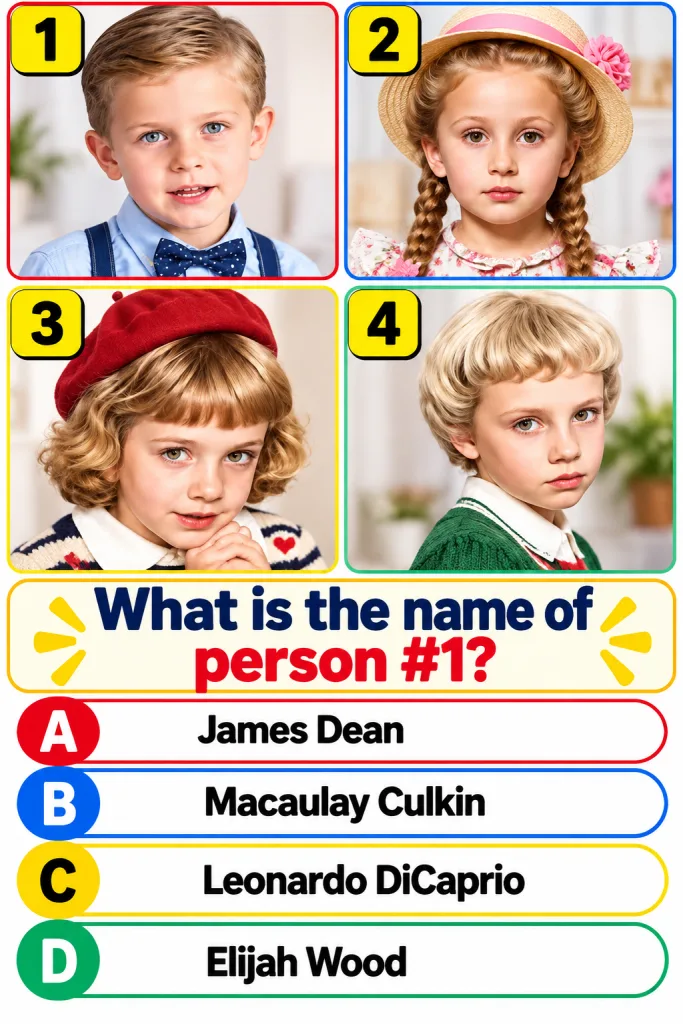 A quiz image with four numbered headshots of child stars focusing on a young Elizabeth Taylor as Person 1 with multiple-