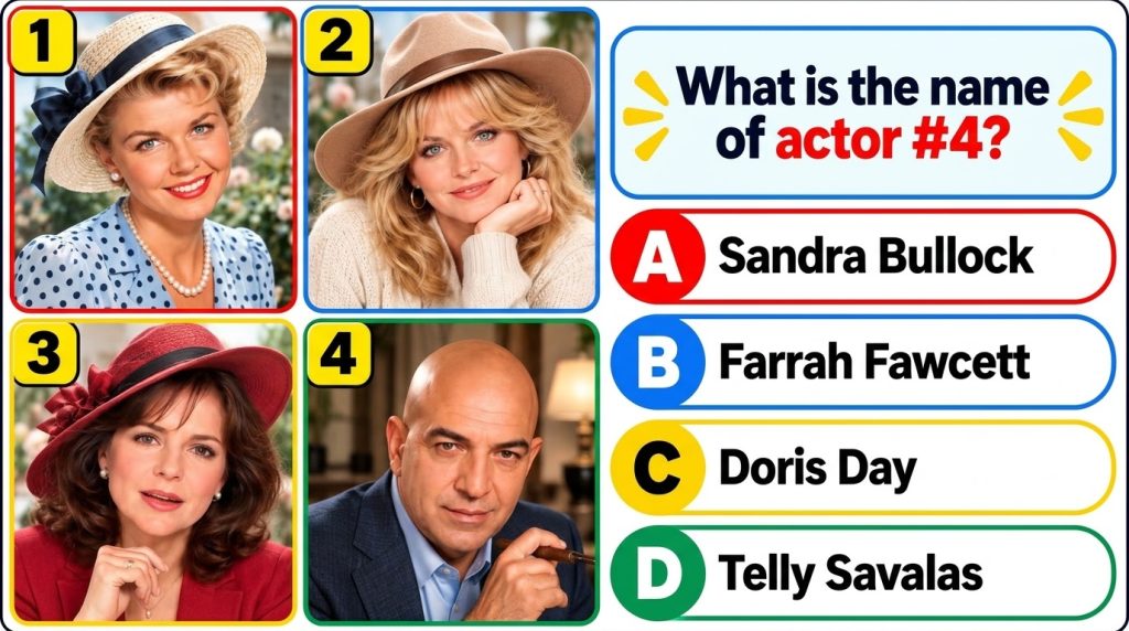 A quiz image showing four headshots in a 2x2 grid Three women in hats and a bald man in a suit holding a cigar The quest
