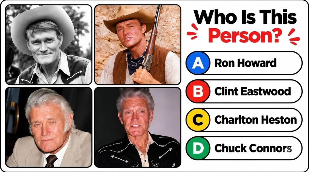 A quiz image showing four portraits of actor Chuck Connors with the title Who Is This Person and multiple-choice options