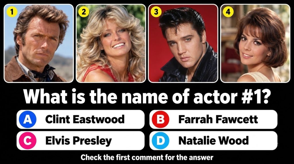 A mobile quiz card featuring a 2x2 grid of four celebrity headshots Clint Eastwood top-left Farrah Fawcett top-right Elv