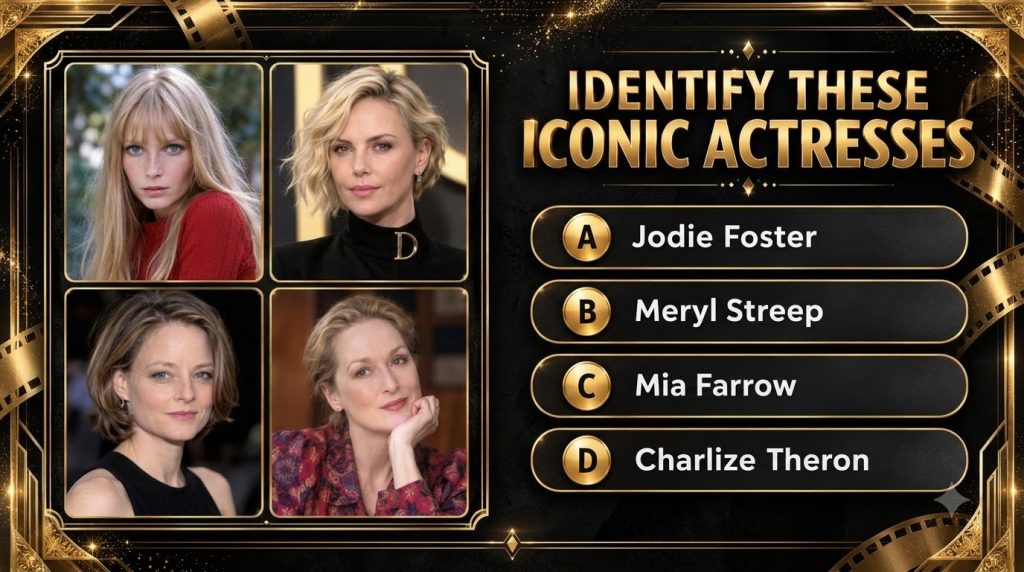 A celebrity recognition quiz grid featuring four portraits of classic actresses against a dark red background with answe