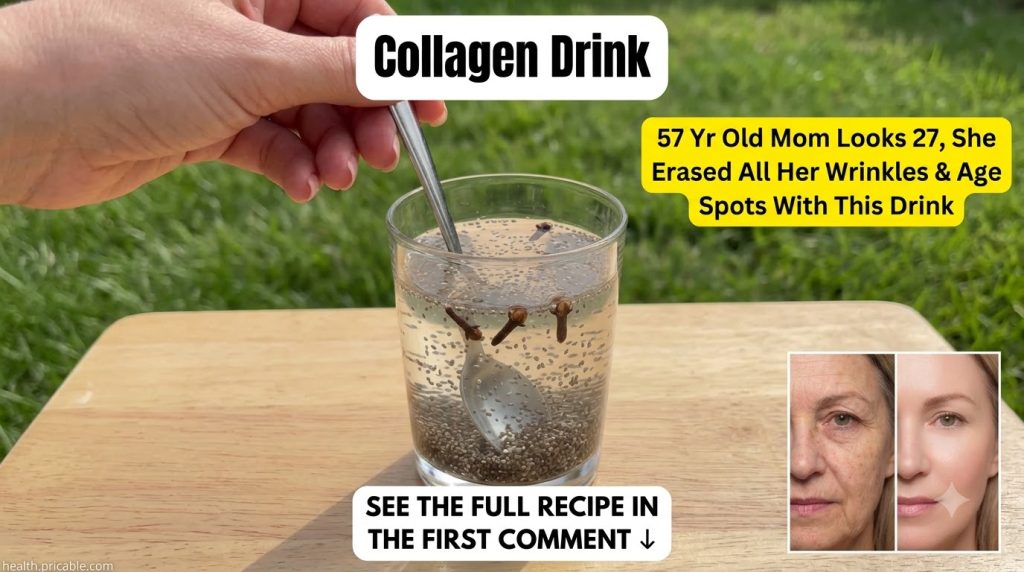 A glass of a collagen-friendly drink with chia seeds and cloves being stirred by a hand with pink nails on a light woode