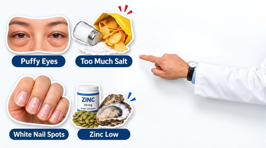 A diagnostic collage showing close-up puffy eyes a salt shaker with spilled salt and potato chips a hand with white nail