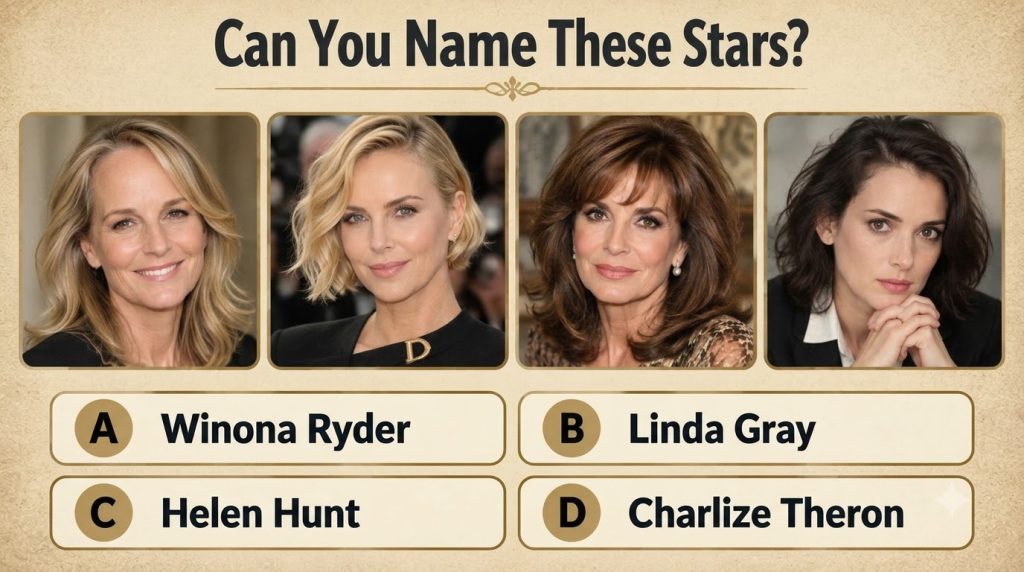 A celebrity recognition quiz grid showing four classic Hollywood actresses with options A B C D below