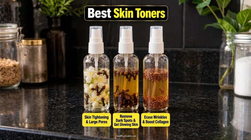 Three clear spray bottles filled with natural toners one with flowers and cloves one with cloves and one with flax seeds