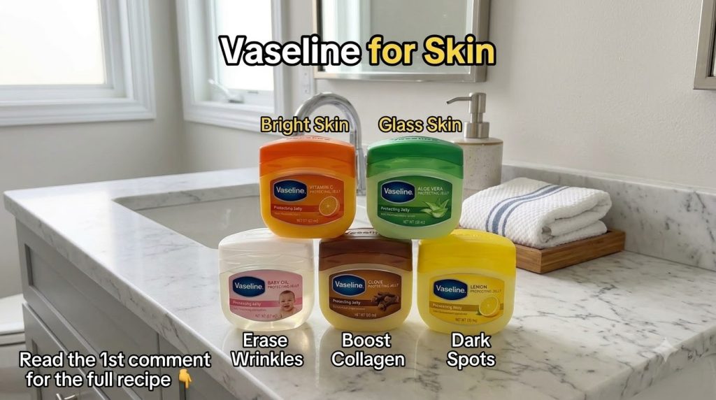 Five Vaseline jars each with a different natural ingredient like lemon aloe vera vitamin C clove and baby oil displayed