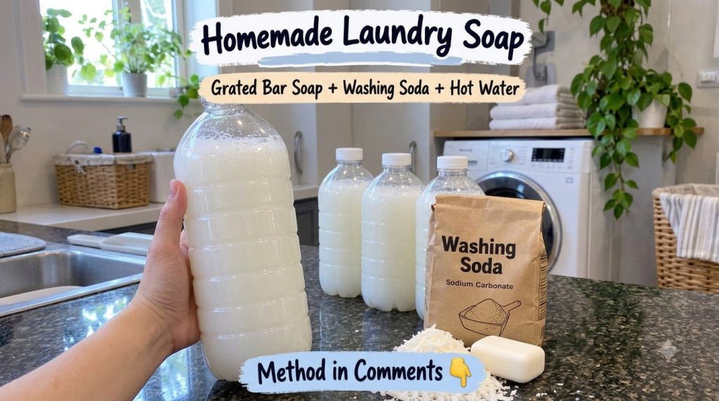 A hand holding a clear plastic bottle of milky white liquid laundry soap with grated bar soap and a bar of solid white s