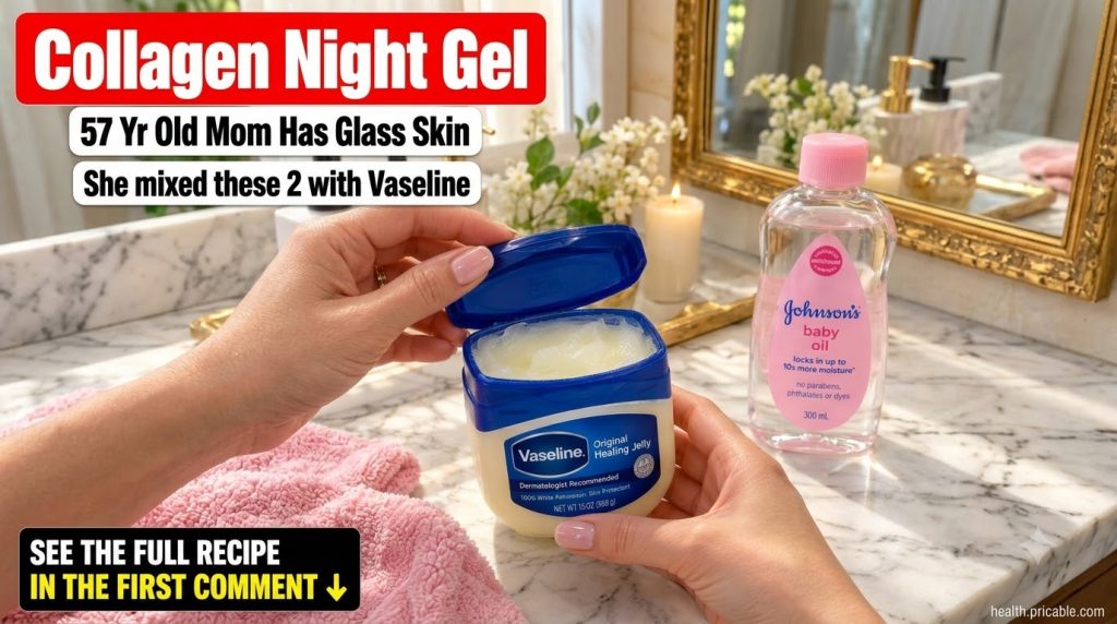 Hands mixing Vaseline and baby oil in a small glass jar on a light bathroom counter