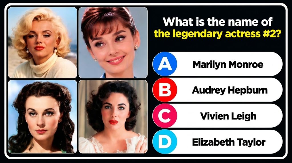 A 2x2 grid of portraits of four legendary Hollywood actresses Marilyn Monroe Audrey Hepburn Vivien Leigh and Elizabeth T