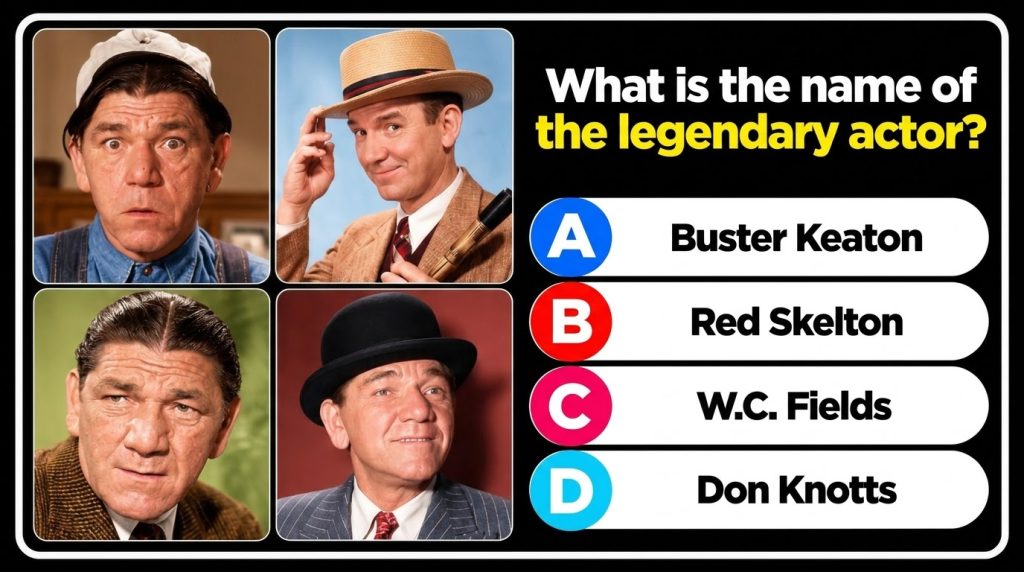 Multiple portrait photographs of Red Skelton in various comedic character costumes and expressions as if part of a quiz